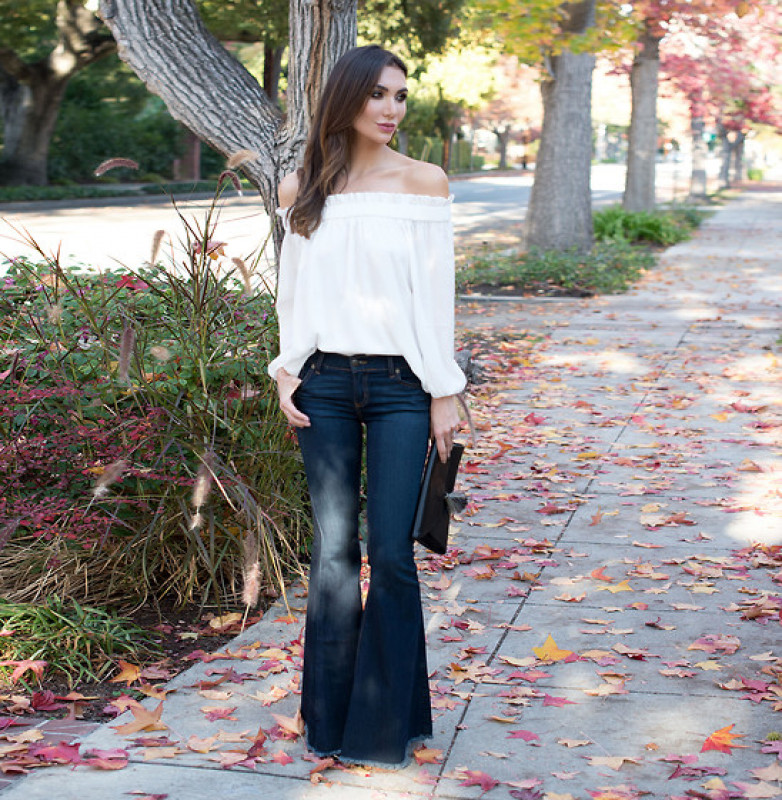 Wide Leg Jeans And Shoulder Top: Blue Jeans,  Short hair,  Boyfriend Pants,  Off Shoulder  