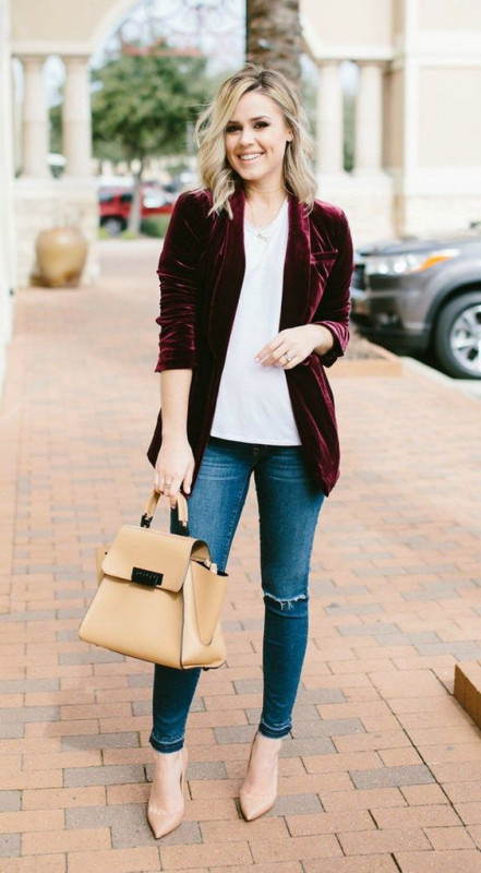 Burgundy Velvet Blazer With Top & Jeans: Casual Friday,  Winter Casual,  Velvet Outfits,  Casual Winter Outfit,  Handbags,  Blonde Hair  