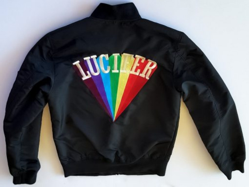 Rising Rainbow Lucifer Black Bomber Jacket: 