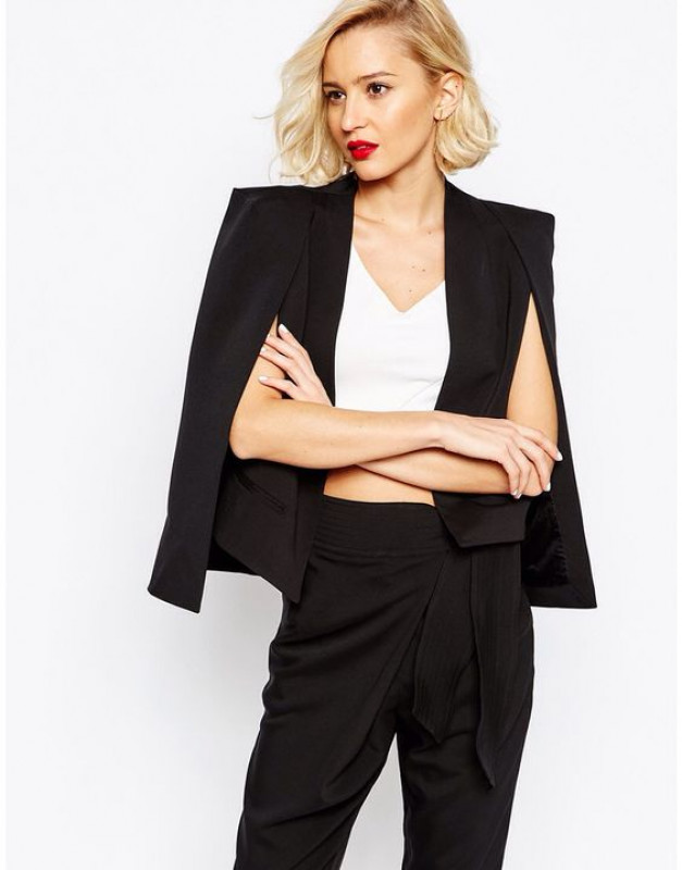 Black Cape Blazer Outfit Ideas With White Top For Women: Black Blazer,  Formal dresses,  Office Outfit,  Business Outfits,  Women Fashion,  Cape dress  