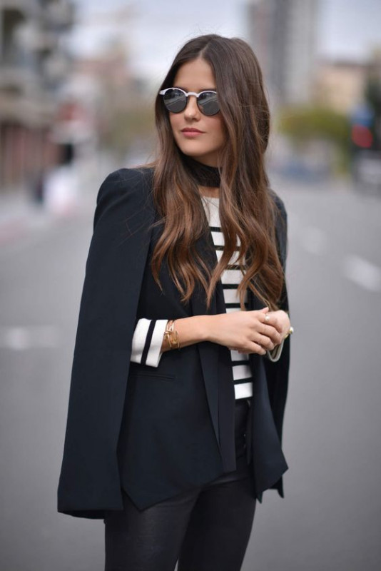 Cape Blazer With Striped Top & Black Sumglasses: Black Blazer,  Striped Outfit Ideas,  Casual Winter Outfit,  Smart casual,  Cape dress  