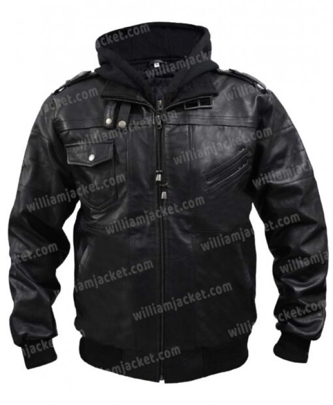 Mens Leather Bomber Biker Hooded Jacket: jacket,  Leather jacket  