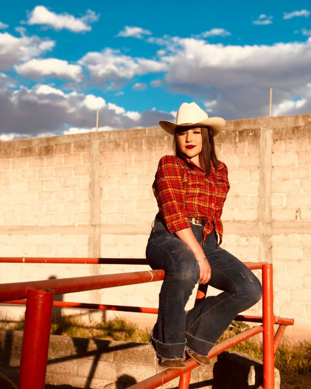 Cowgirl Outfit With Red Flannel Shirt And Bell Bottom Jeans With Cowgirl Boot: Cowgirl Outfits,  Cowgirl Costume,  cowgirl boots,  Cowboy hat  