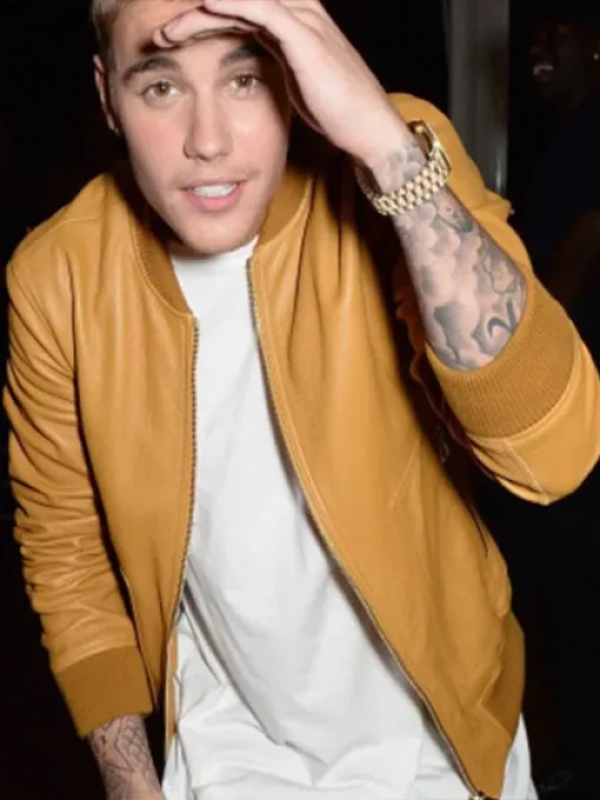 Justin Bieber Brown Varsity Bomber Leather Jacket: 