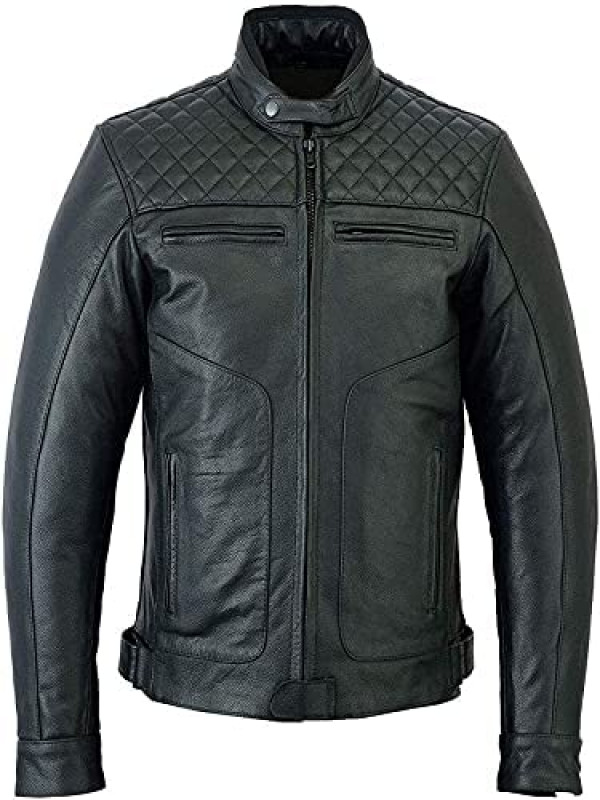 Mens Cafe Racer Biker Quilted Real Leather Jacket: Leather jacket  