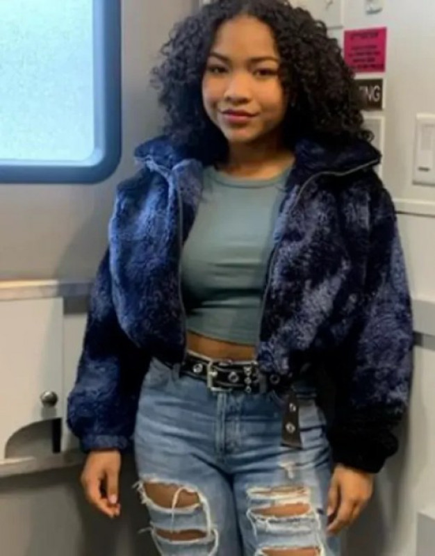 Laya DeLeon Hayes The Equalizer Cropped Blue Fur Jacket: 