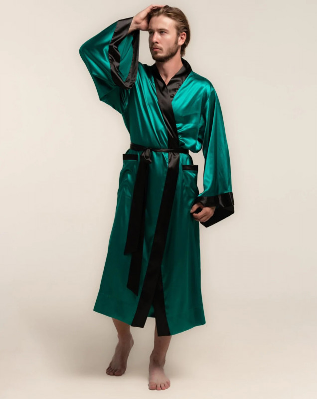 Two Tone Silk Men's Robe Green and Black