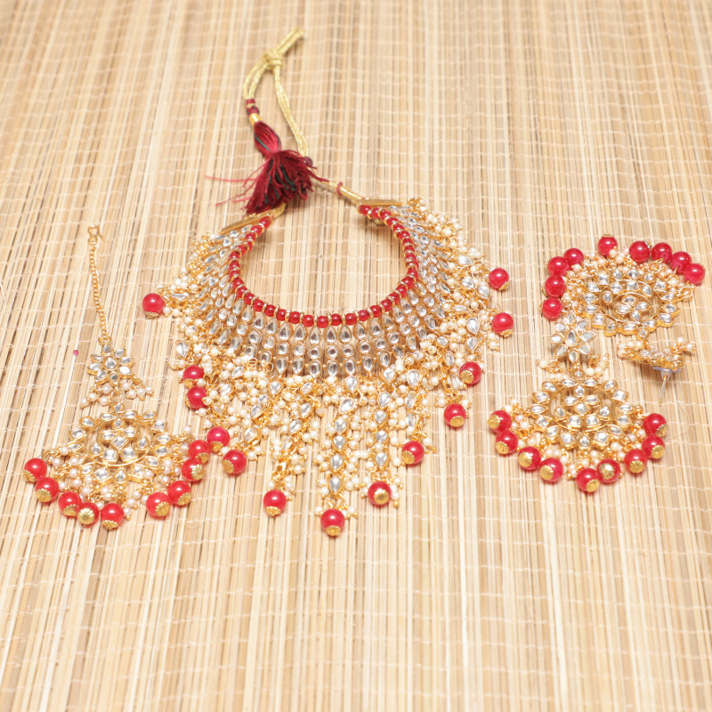 Papular Best Red Colour Jeli Pearls Kundan Necklace Set For Women