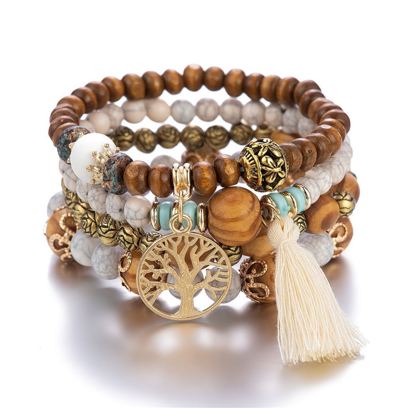 4-Pack Handmade Tree & Tassel Charms Beaded Bracelets: 