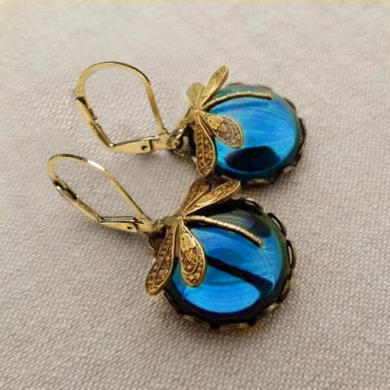 Vintage Metal Dragonfly Earrings Blue: 