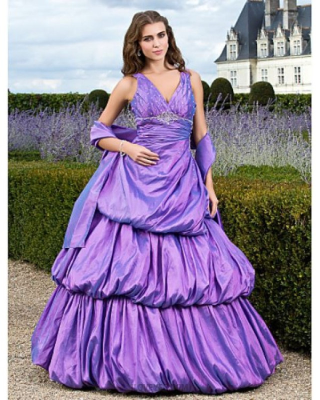 A Line Ball Gown Princess V neck Floor Length Taffeta Prom Quinceanera ...