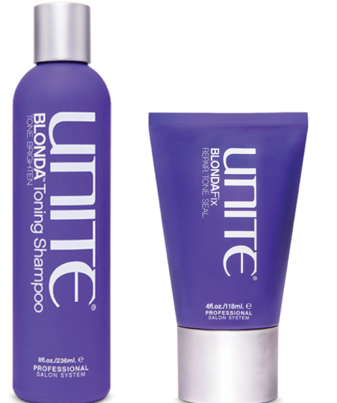 Support Blonde Hair with UNITE Hair’s Non-Toning Purple Shampoo and Conditioner: 