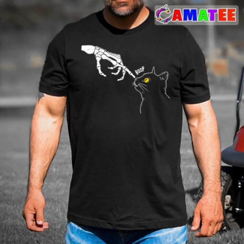 Black Cat Lover, Funny Halloween T-shirt With Skeleton Hand Boop