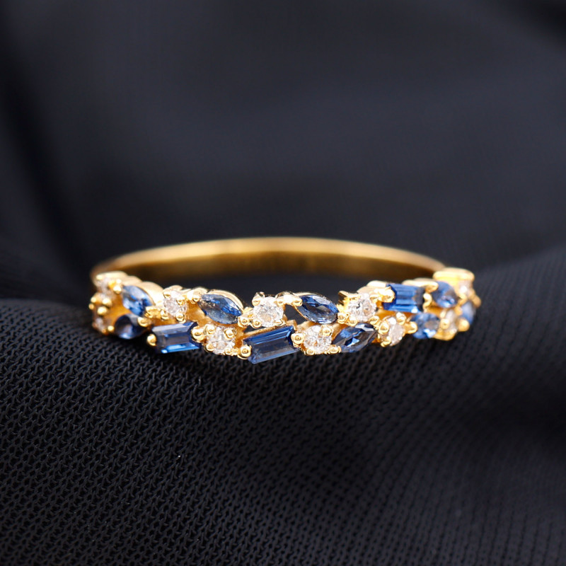 Lab Created Blue Sapphire and Diamond Cluster Half Eternity Ring | Rings