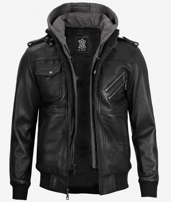 Black Leather Bomber Jacket with Detachable Hood: 
