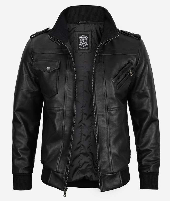 Hooded Black Leather Bomber Jacket: 