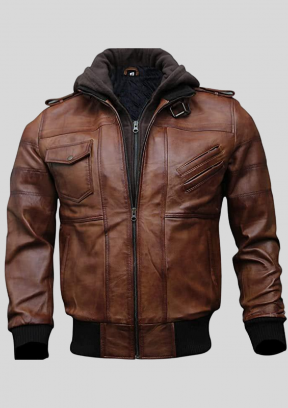 Men’s Hooded Brown Leather Bomber Jacket: 