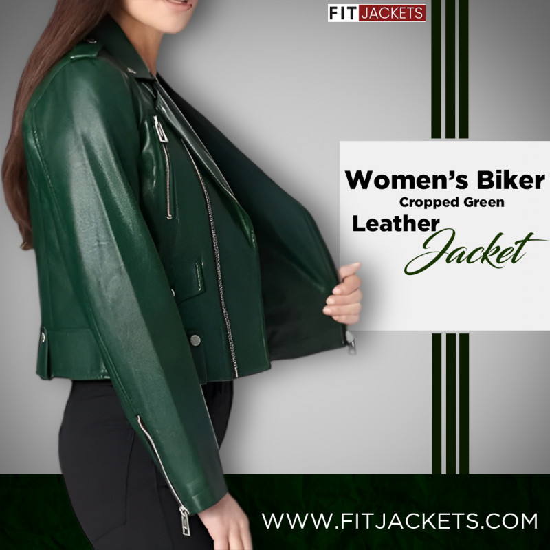 Women’s Biker Cropped Green Leather Jacket