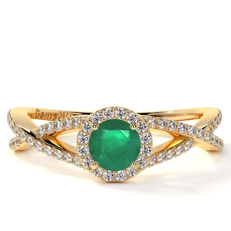 Stunning Emerald Round Halo Ring with Intertwined Band (0.93cttw): 
