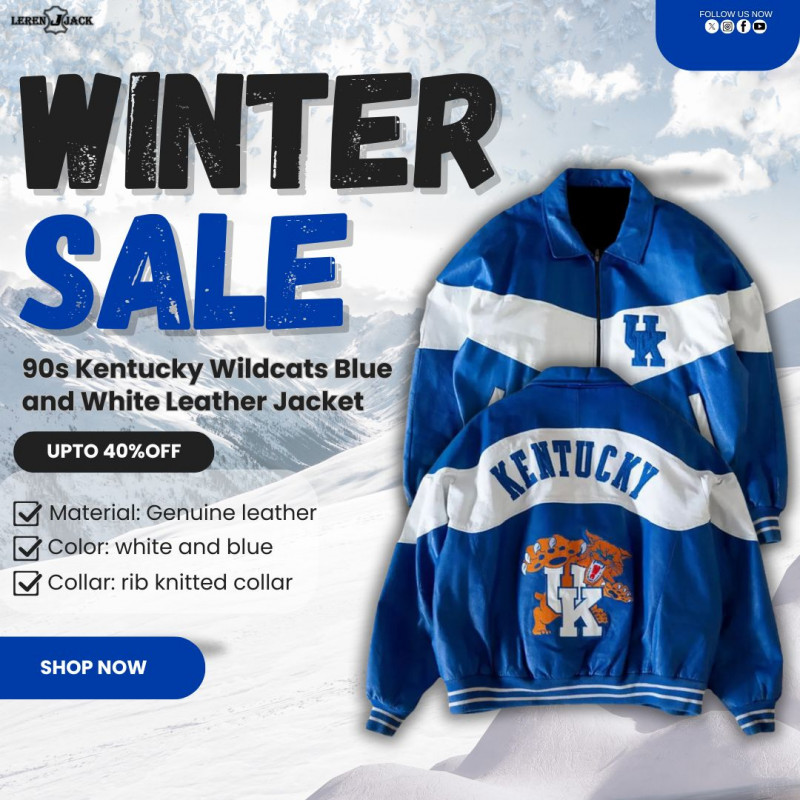 90s Kentucky Wildcats Blue and White Leather Jacket