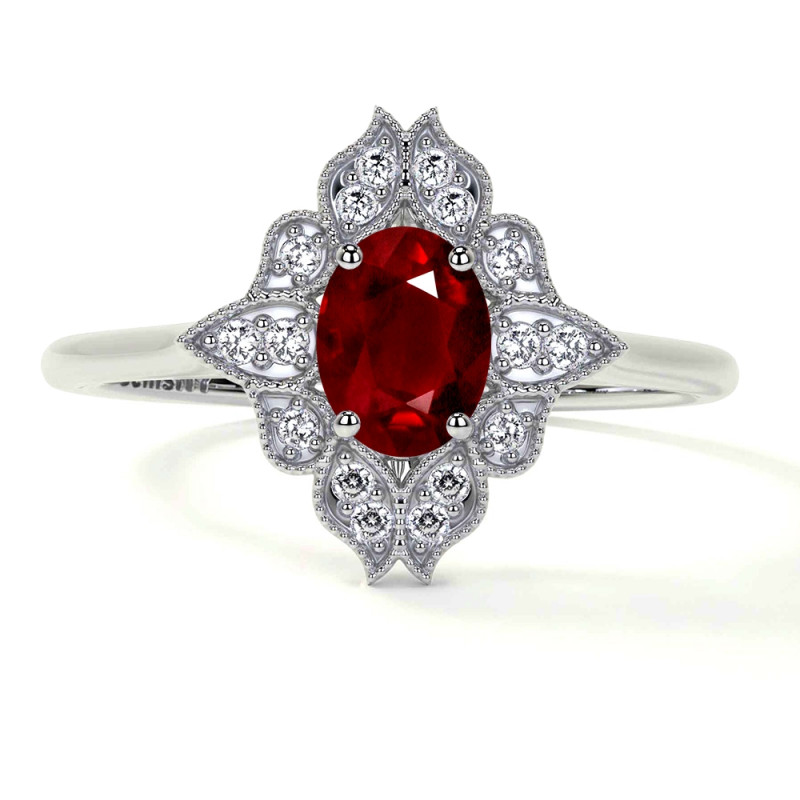 Ruby Oval Vintage Ring with Pave Set Diamond Engagement Ring: 