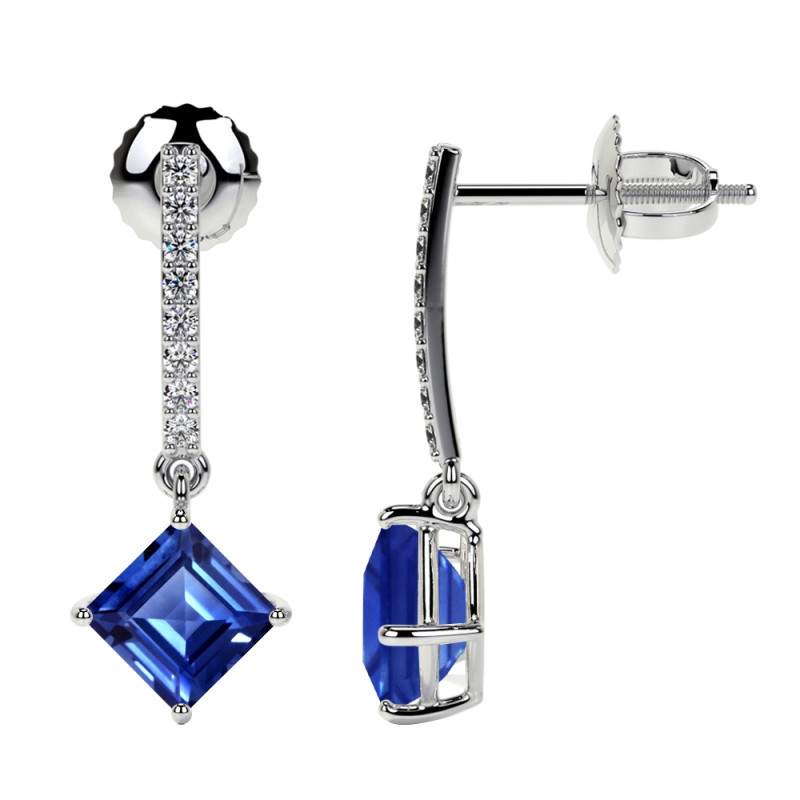 Blue Sapphire Square Cut Dangling Earrings With Round Diamonds: 