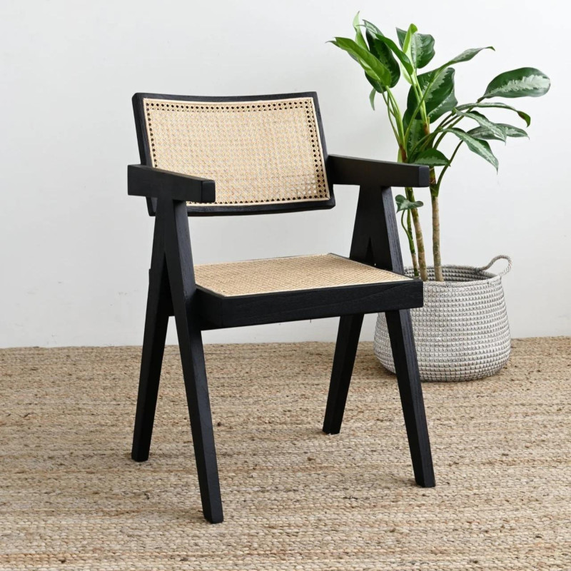 Korina Carver 2pc Set Dining Chair Rattan Wicker Black: 