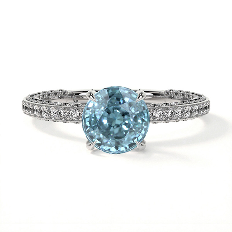 Prong Set and Pave Set With Aquamarine Diamond Ring: 