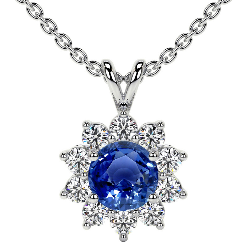 Blue Sapphire Round Halo Diana Pendant: 