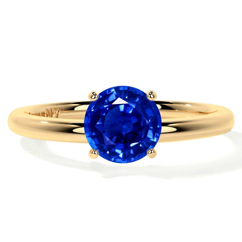 Yellow Gold Blue Sapphire Round Traditional Solitaire Ring: 