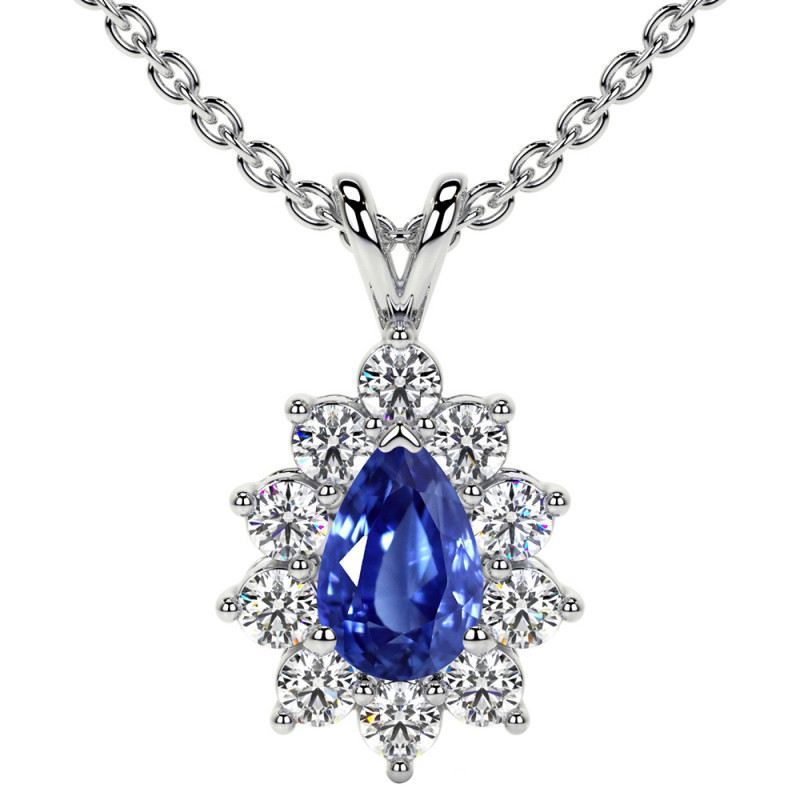 1.15cttw-Blue Sapphire Pear Halo Diana Pendant: 