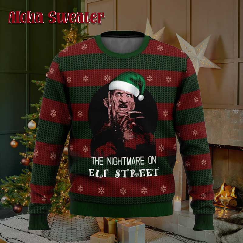 Elf Street Freddy Krueger Santa Ugly Christmas Sweater: 
