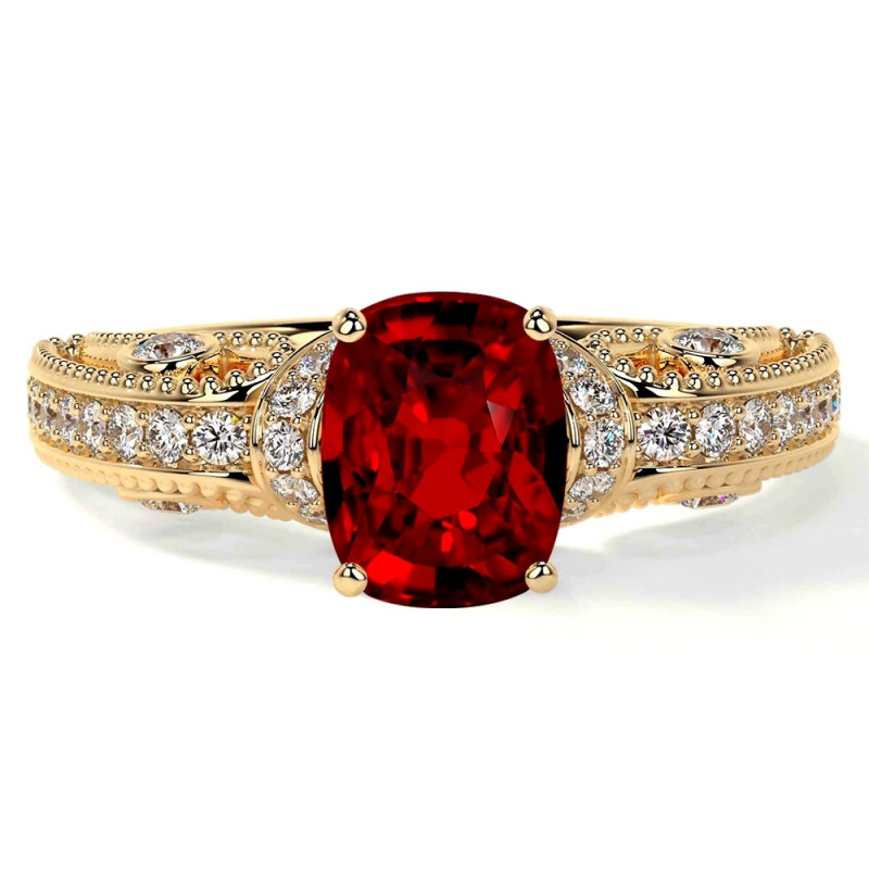 Natural Ruby Engagement Rings Premium Cushion Ruby with Round Diamonds: 