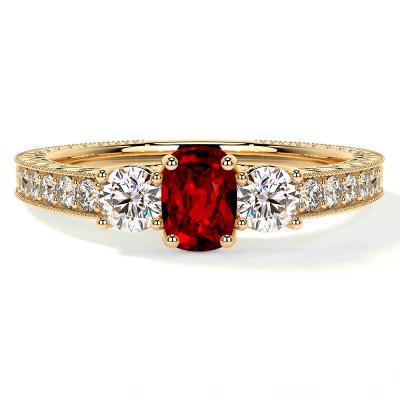 Ruby Ring Cushion Cut Prong Set With Round Diamonds in 18K Gold: 