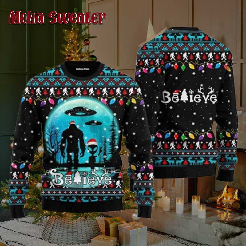 Bigfoot Christmas Ufo Ugly Christmas Sweater: 