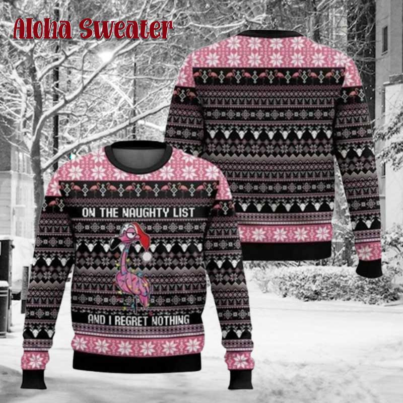 Flamingo On Naughty List Ugly Christmas Sweater: 