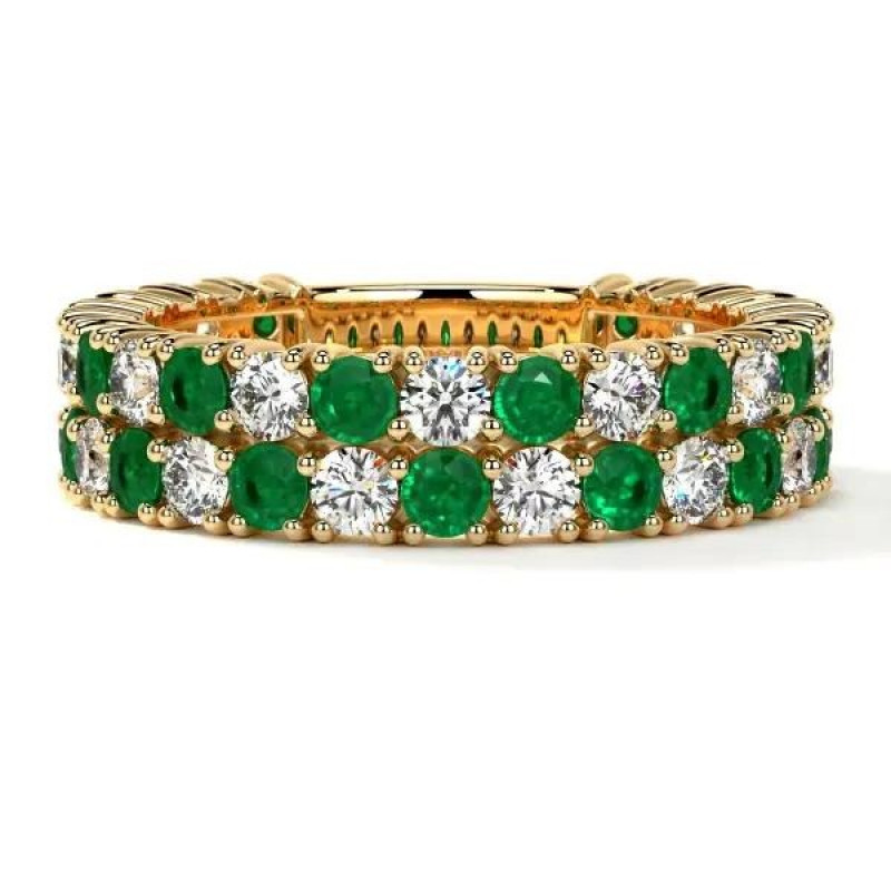 Wedding Eternity Ring with Round Diamonds & Emeralds – Double Row Prong Style: 