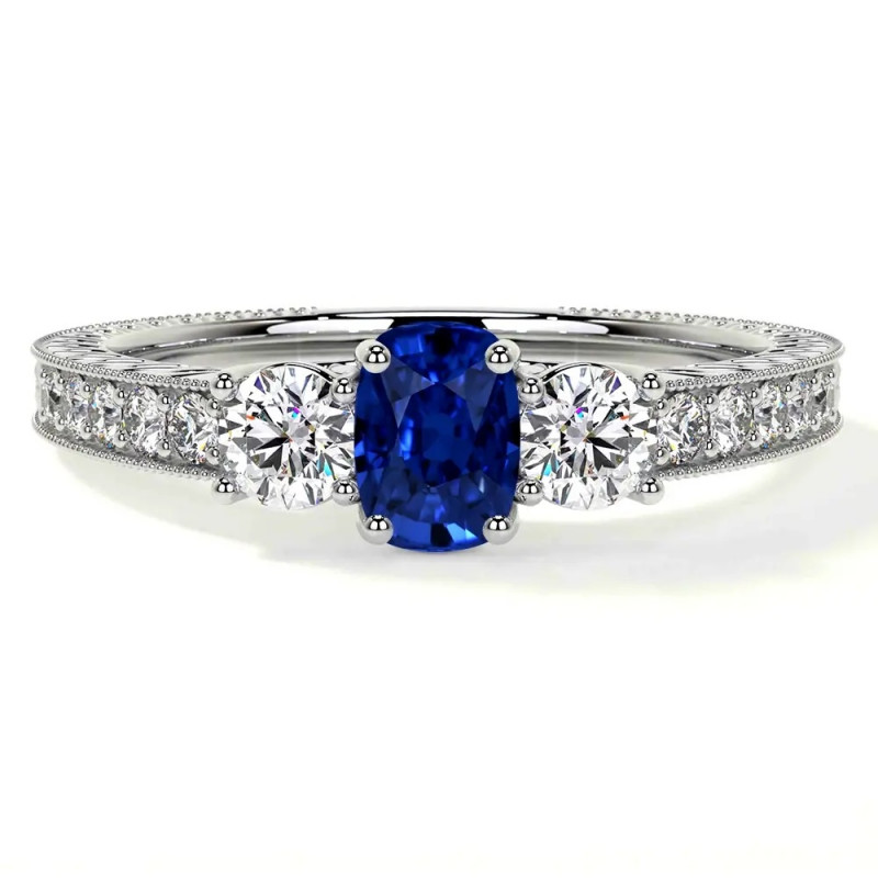White Gold Sapphire Ring – Cushion Blue Sapphire Three-Stone 1.76cttw: 