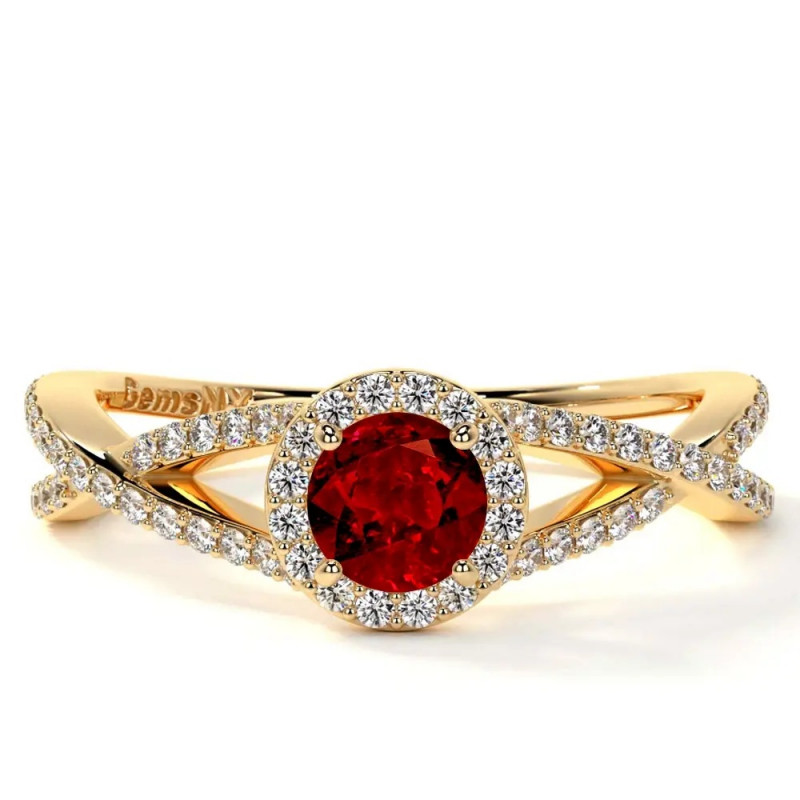 Natural Ruby Engagement Ring – Round Halo, Intertwined Band 1.08cttw: 