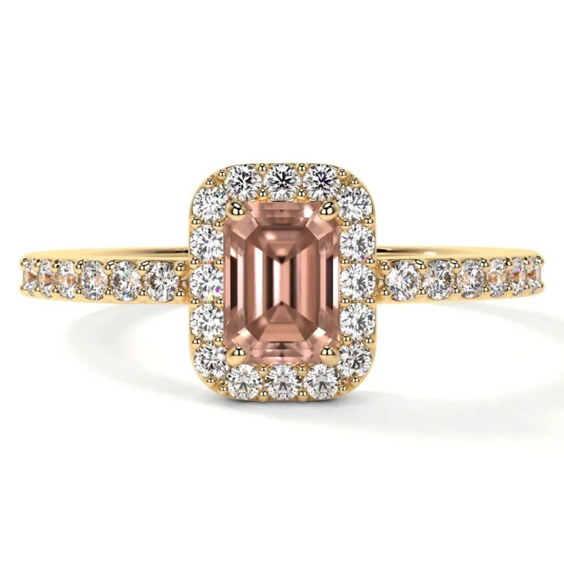 Natural Emerald Cut Morganite Ring with Diamond Halo: 