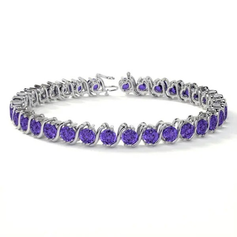 Tanzanite Bracelet for Sale 4mm Round S-Link Tennis Bracelet 8.58cttw 14K White Gold: 