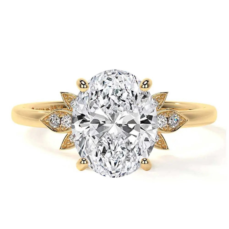 Modern lab diamond ring round accent oval cut prong set ring: 