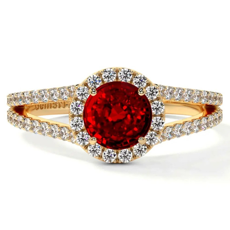 Shop lab-grown ruby engagement rings with diamond halos.: 