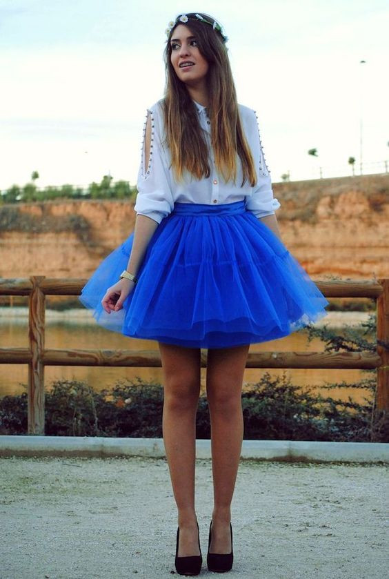 Electric blue and azure colour outfit ideas with miniskirt, tulle skirt outfits: Ballerina skirt  