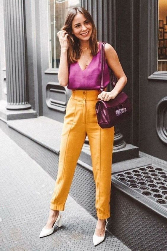 Dark Purple Top With Dark Yellow High Waisted Pants: 