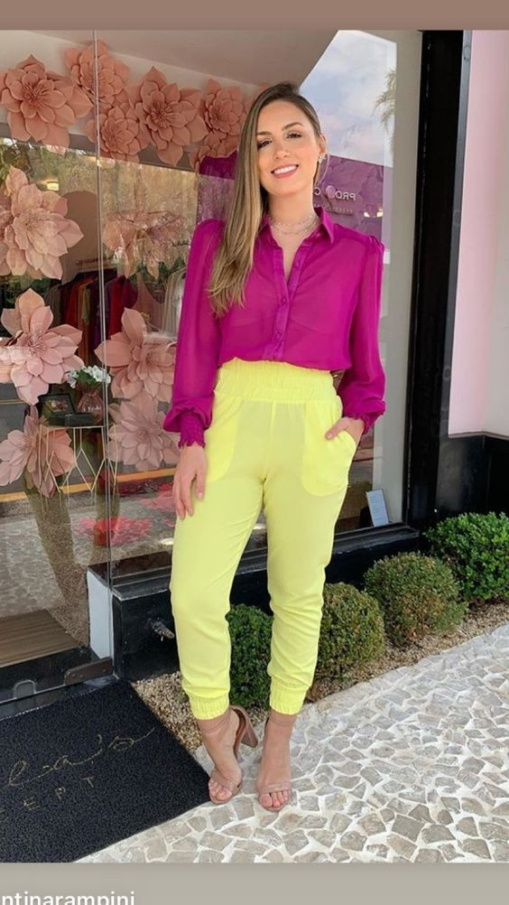 Purple Sirt With Neon High Waisted Pants: 