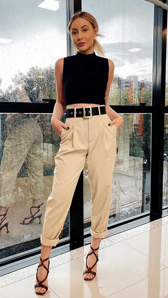 Khaki Paperbag Waist Pants With Top: 