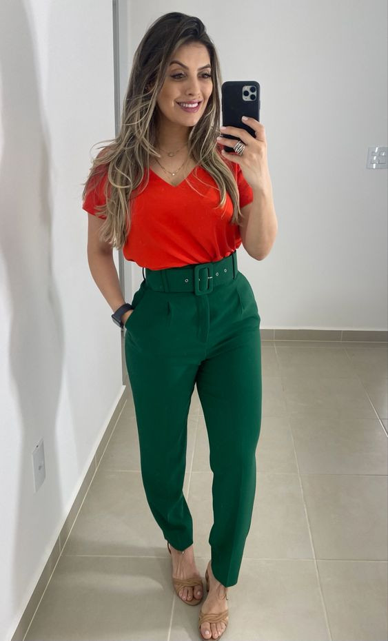 Orange Top With Green High Waisted Pants: 