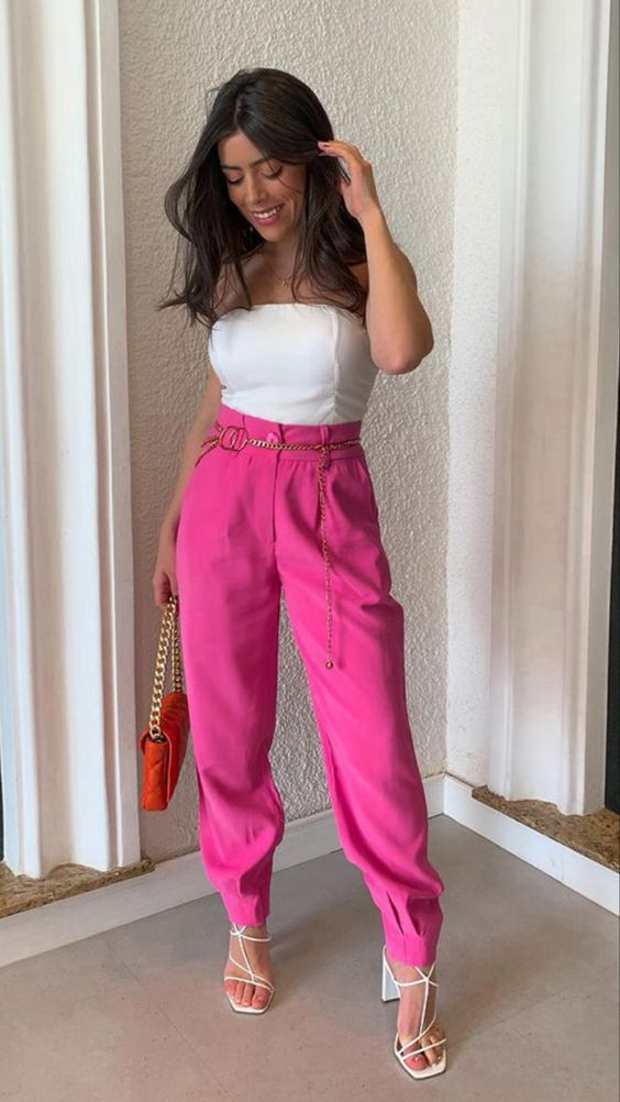 High Rise Cropped Trouser With White Tube Crop Top: 