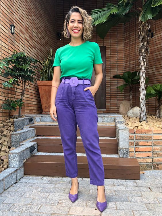 Purple Pant With Green T-shirt: High Waisted  